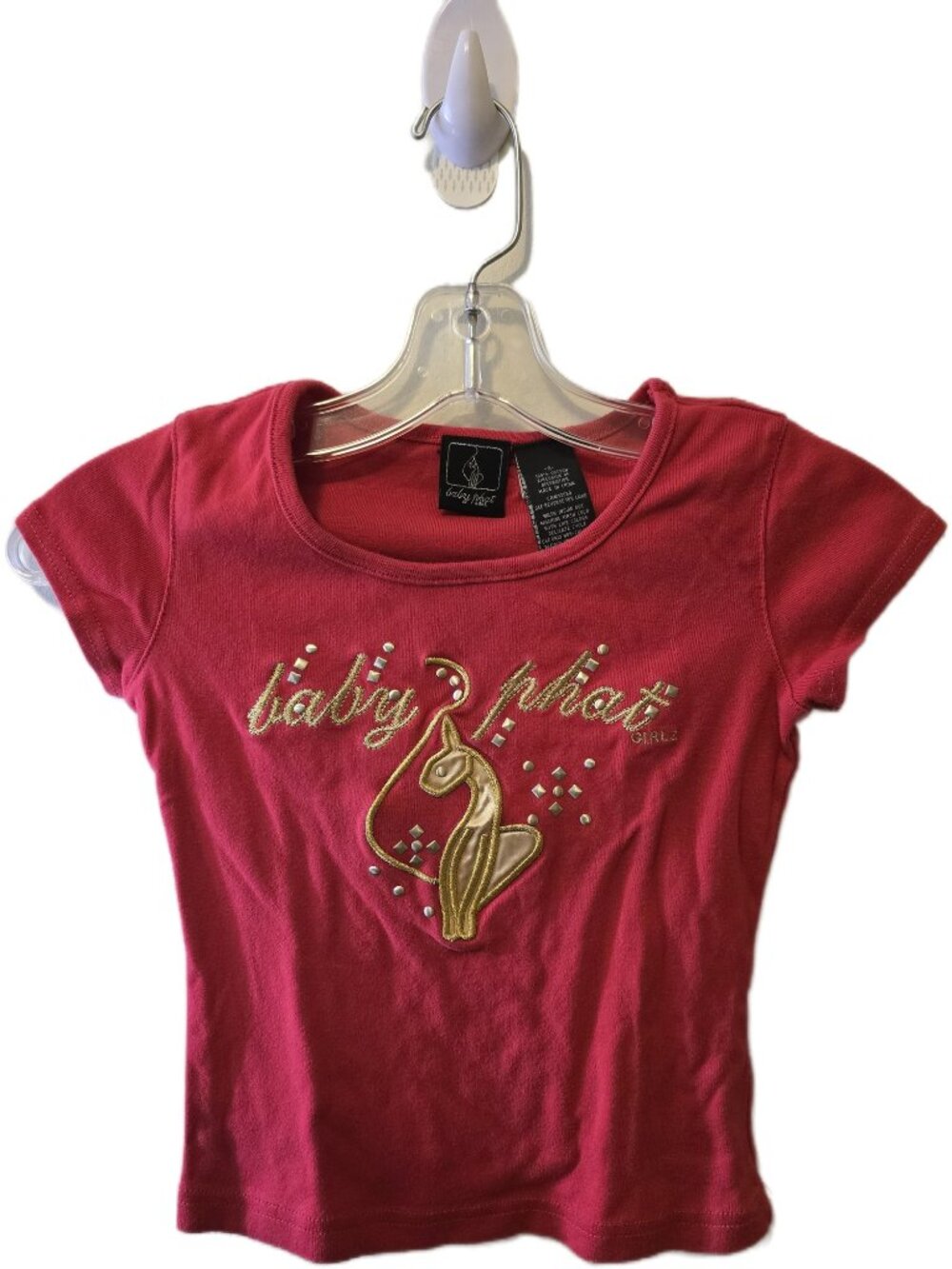 Vintage Y2K Baby Phat Girlz Red T-Shirt Embroidered Studded Cat Logo Baby Tee